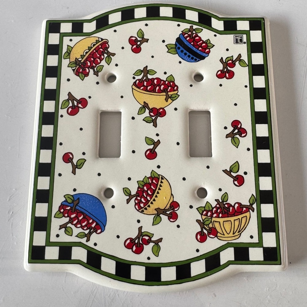 Mary Engelbreit Ceramic Double Toggle Light Switch Cover Cherry Checkered Border